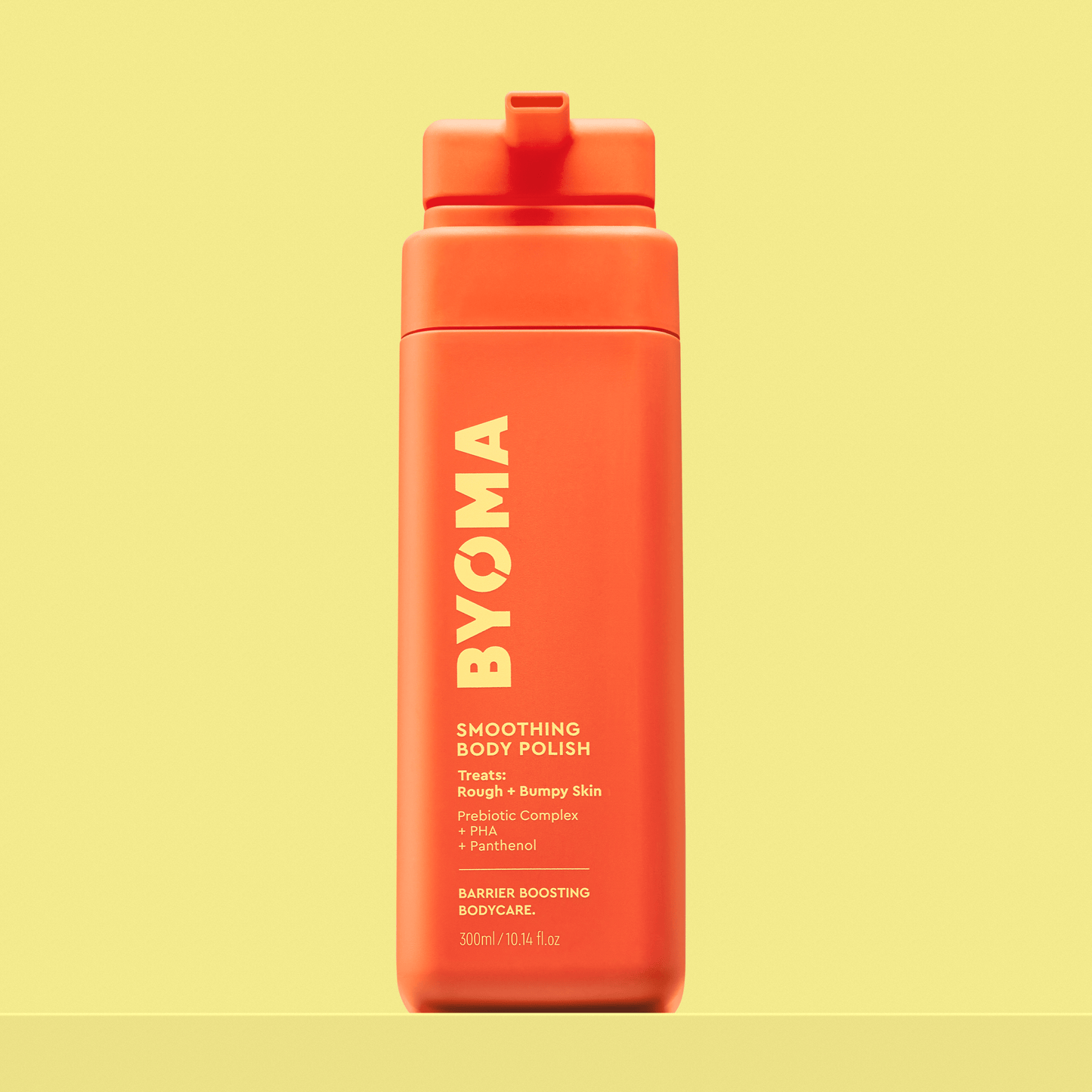 BYOMA SMOOTHING BODY POLISH against a yellow background.