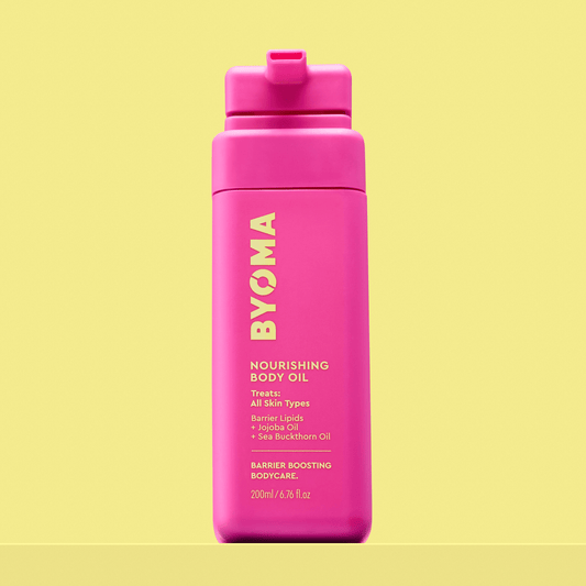 BYOMA NOURISHING BODY OIL against a yellow background.