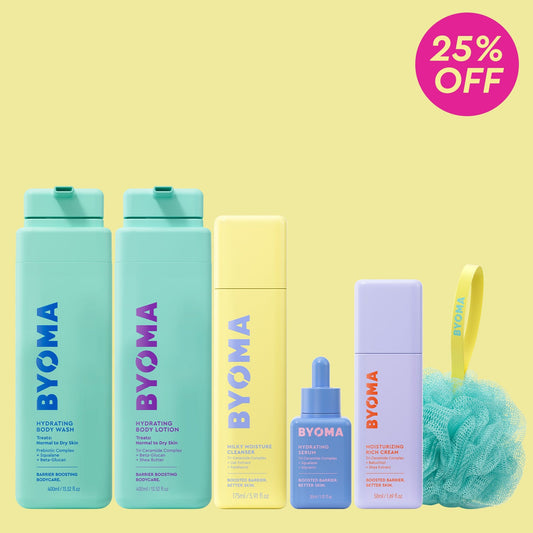BYOMA skincare products on a yellow background with a 25% off promotional badge.