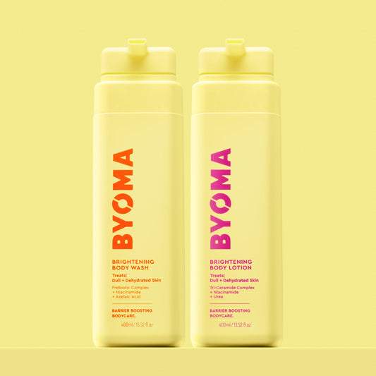 BRIGHTENING BODY WASH and BRIGHTENING BODY LOTION bottles sitting together against a yellow background.
