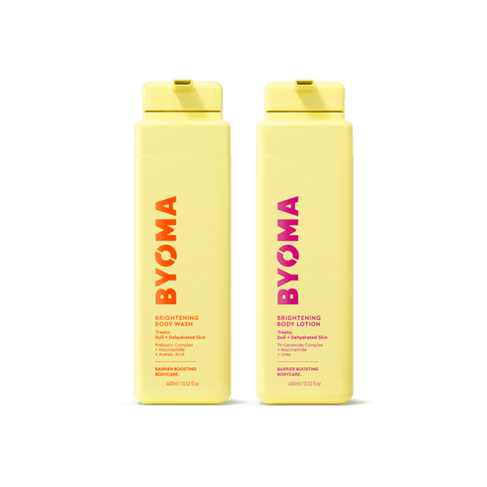 BRIGHTENING BODY WASH and BRIGHTENING BODY LOTION bottles sitting together.