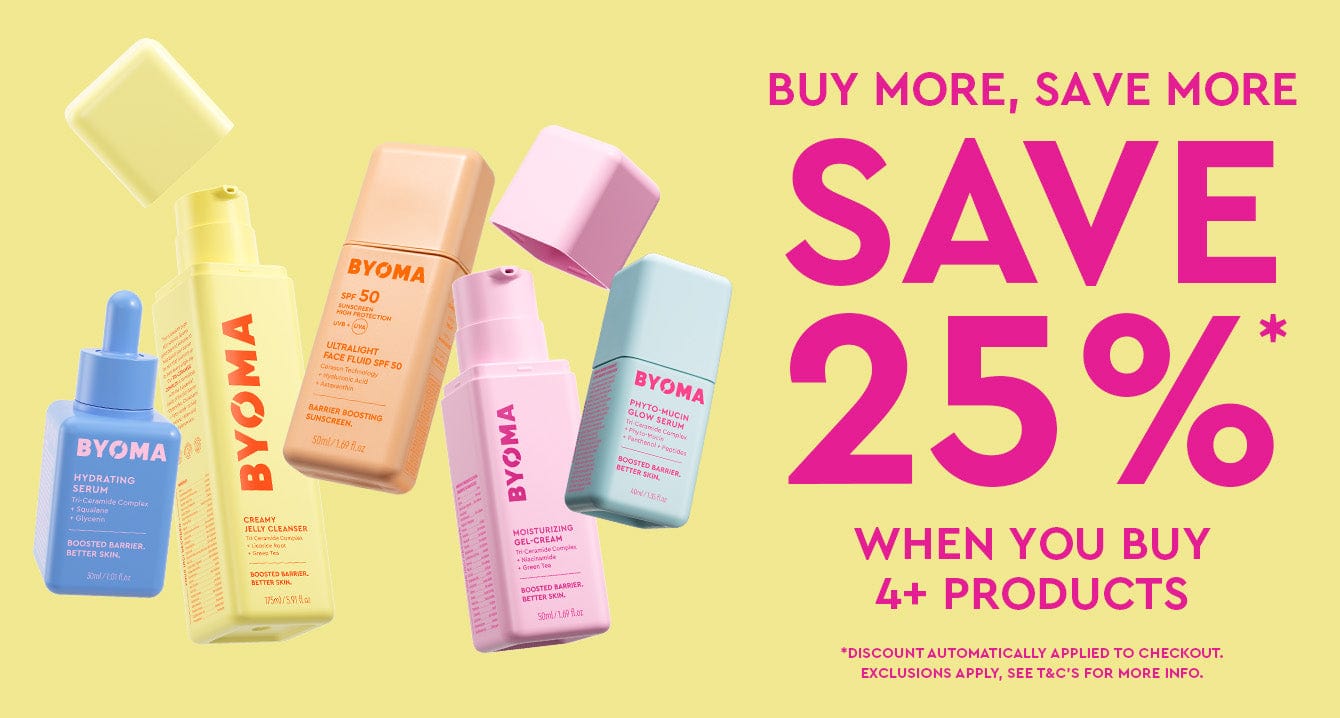 Wide BYOMA promotional banner – Buy more, save more. Save 25% when you buy 4+ products. Includes full skincare product range on yellow background.