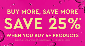 BYOMA promotional banner with pink background and skincare bubbles – Save 25% when you buy 4+ products.