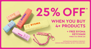 BYOMA promotional banner – 25% off when you buy 4+ products and free keychain with £35 spend. Includes product spread and pink keychain on light yellow background.