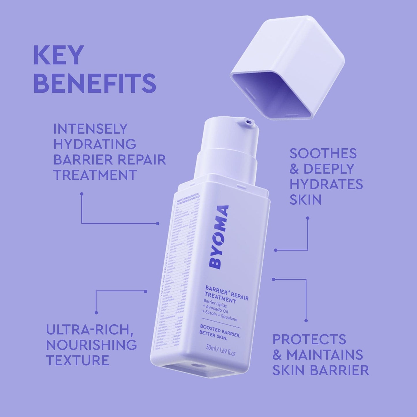 BYOMA barrier repair treatment bottle with key benefits on a purple background