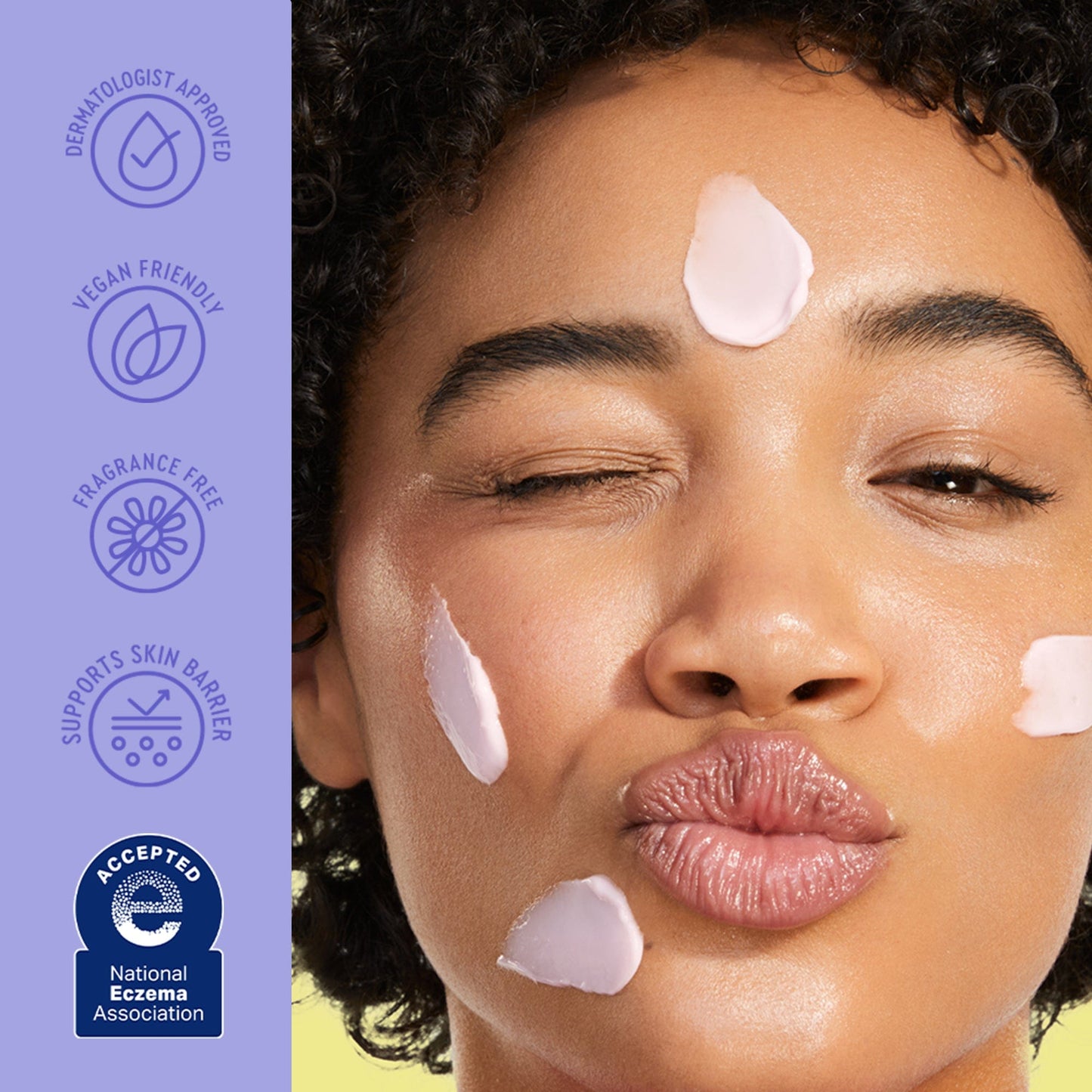 Woman with cosmetic product on face next to dermatologist-approved icons