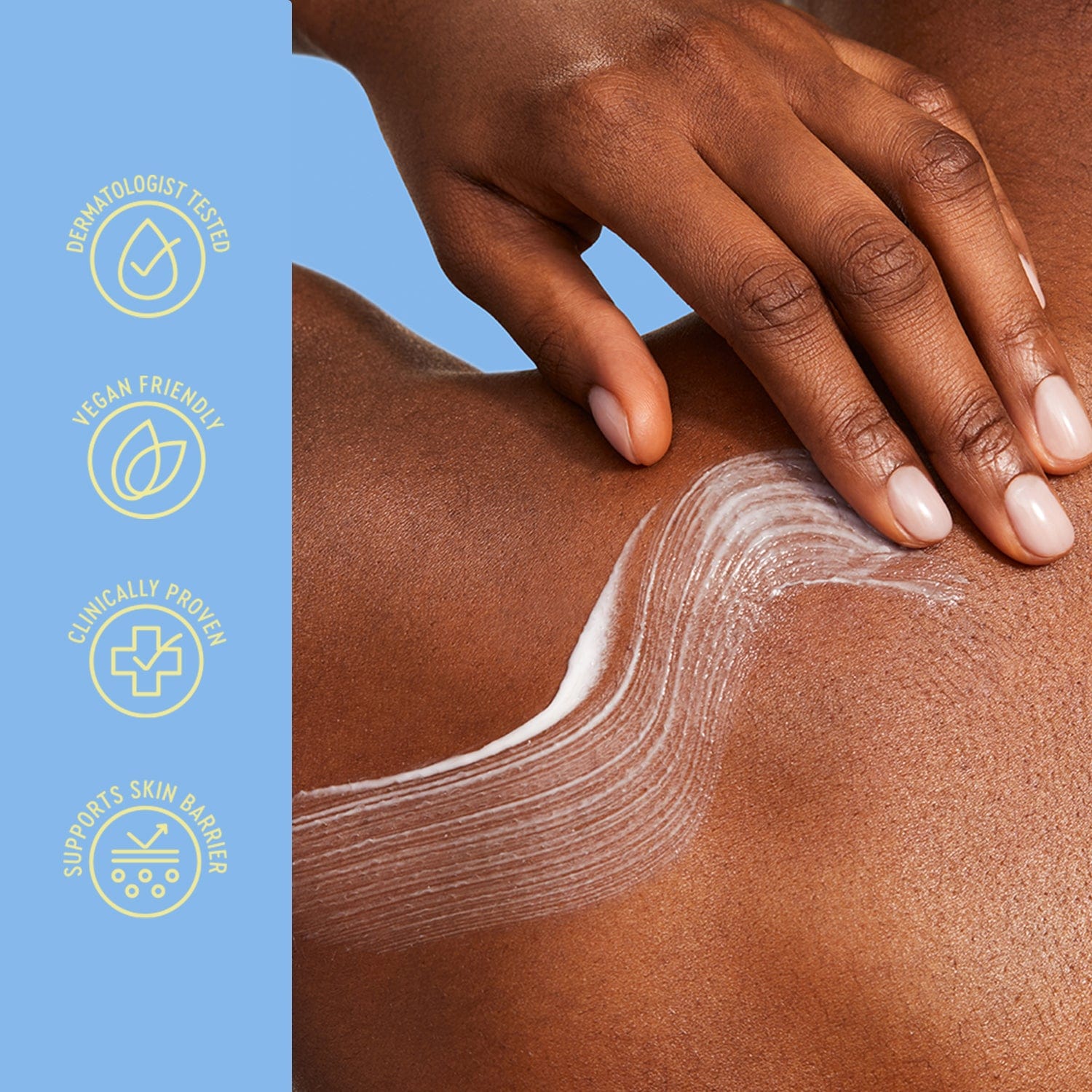 Hand applying cream to skin with product features on a blue background