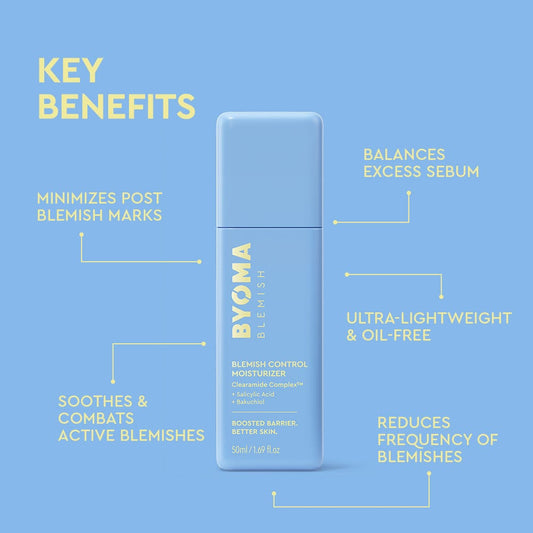 BYOMA Blemish control moisturizer with key benefits on a blue background