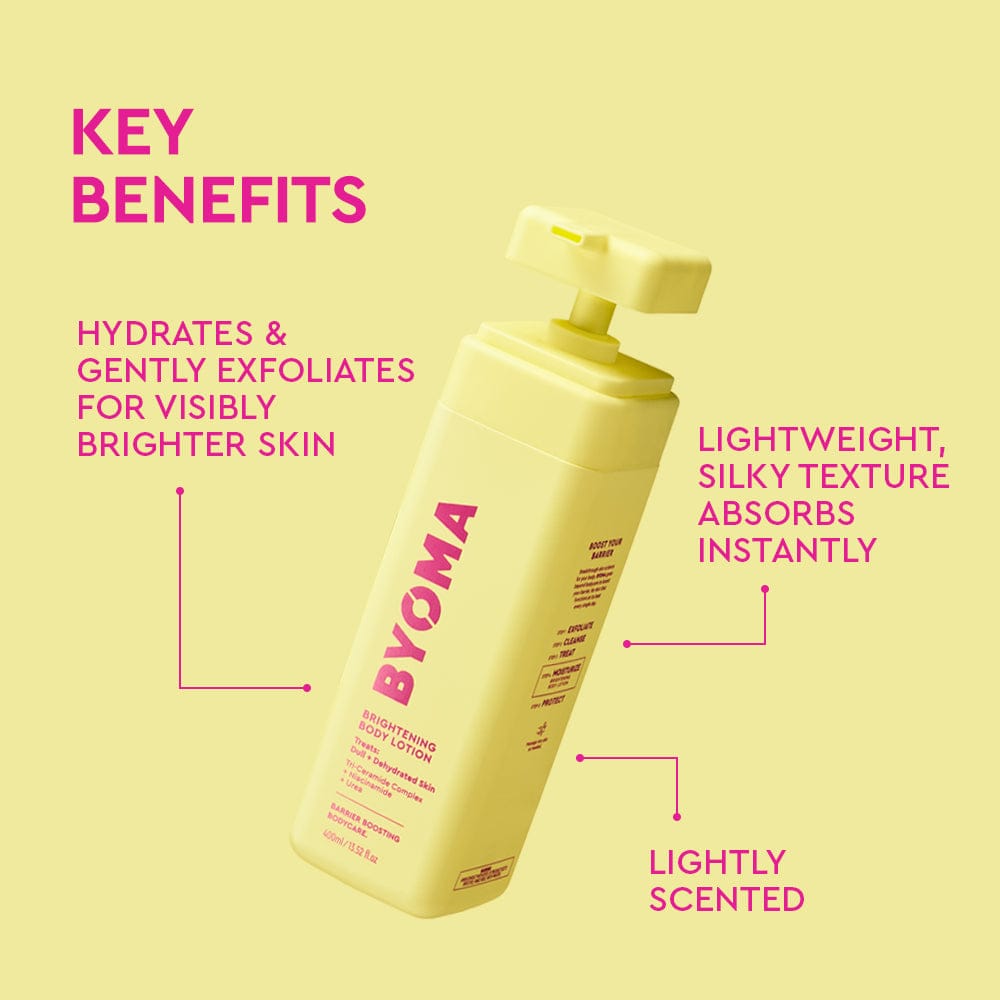 BYOMA body lotion bottle with key benefits on a yellow background