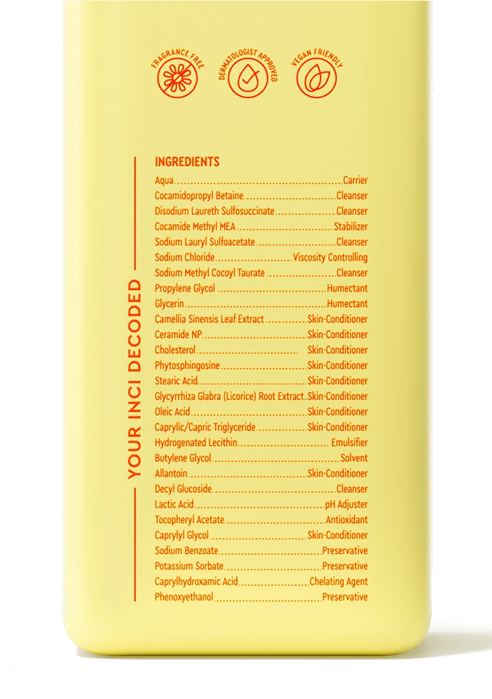 Ingredients list of the yellow BYOMA bottle.