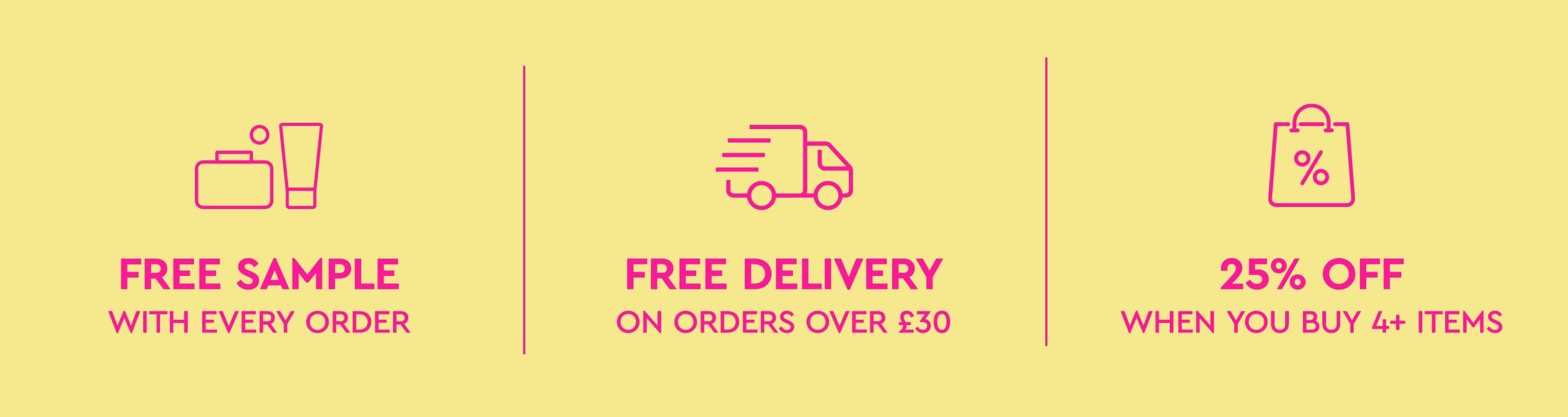 Promotional banner with free sample, free delivery, and discount offer on a yellow background