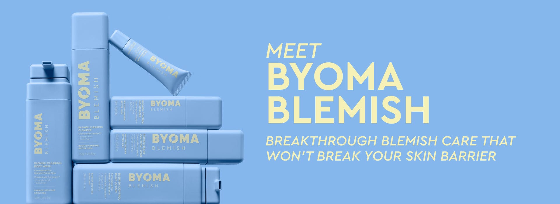 Blue skincare products with 'BYOMA' branding on a light blue background, featuring promotional text about blemish care.