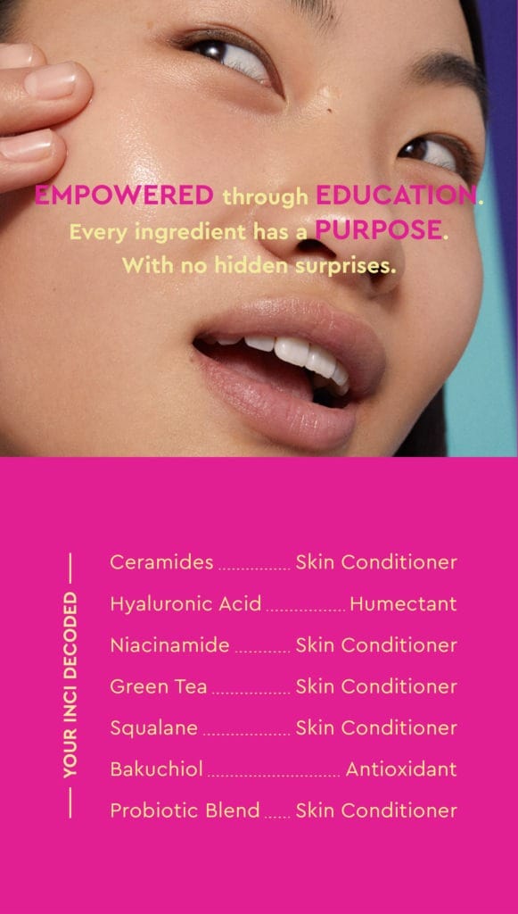 Poster of a girl with her fingertips on her face and description of various ingredients