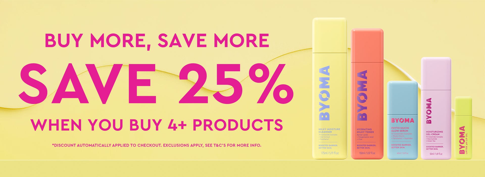 BYOMA Save 25% banner – pastel yellow textured background with five skincare products on the right and bold pink promotional text.