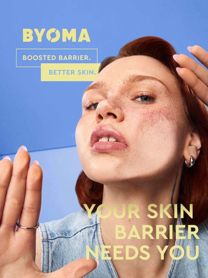 Woman with against a blue background with 'BYOMA' branding.