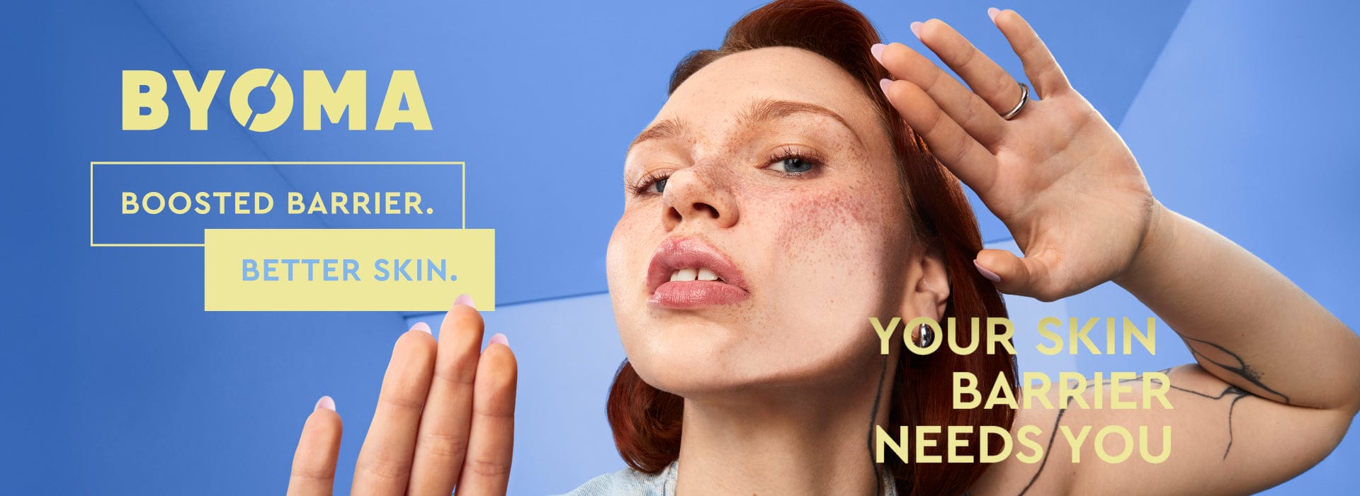 Woman with against a blue background with 'BYOMA' branding.