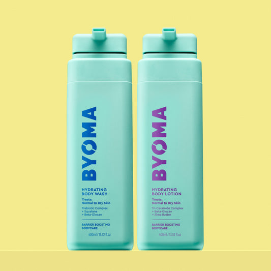 HYDRATING BODY WASH and HYDRATING BODY LOTION bottles sitting together against a yellow background.