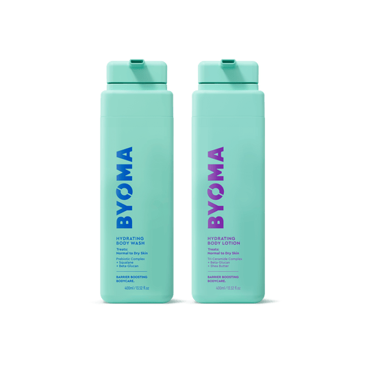 HYDRATING BODY WASH and HYDRATING BODY LOTION bottles sitting together.