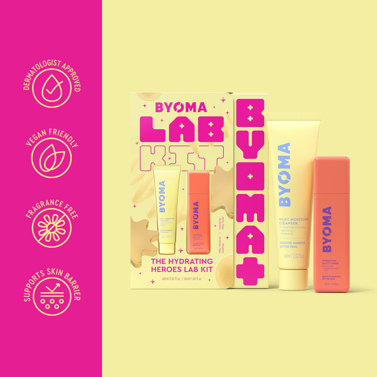 BYOMA Lab Hustle The Hydrating Heroes Lab Kit displayed on a pale yellow background with a bright pink vertical banner on the left highlighting product features. The kit includes a main box, a tall yellow tube, a short orange tube, and a matching orange bottle.