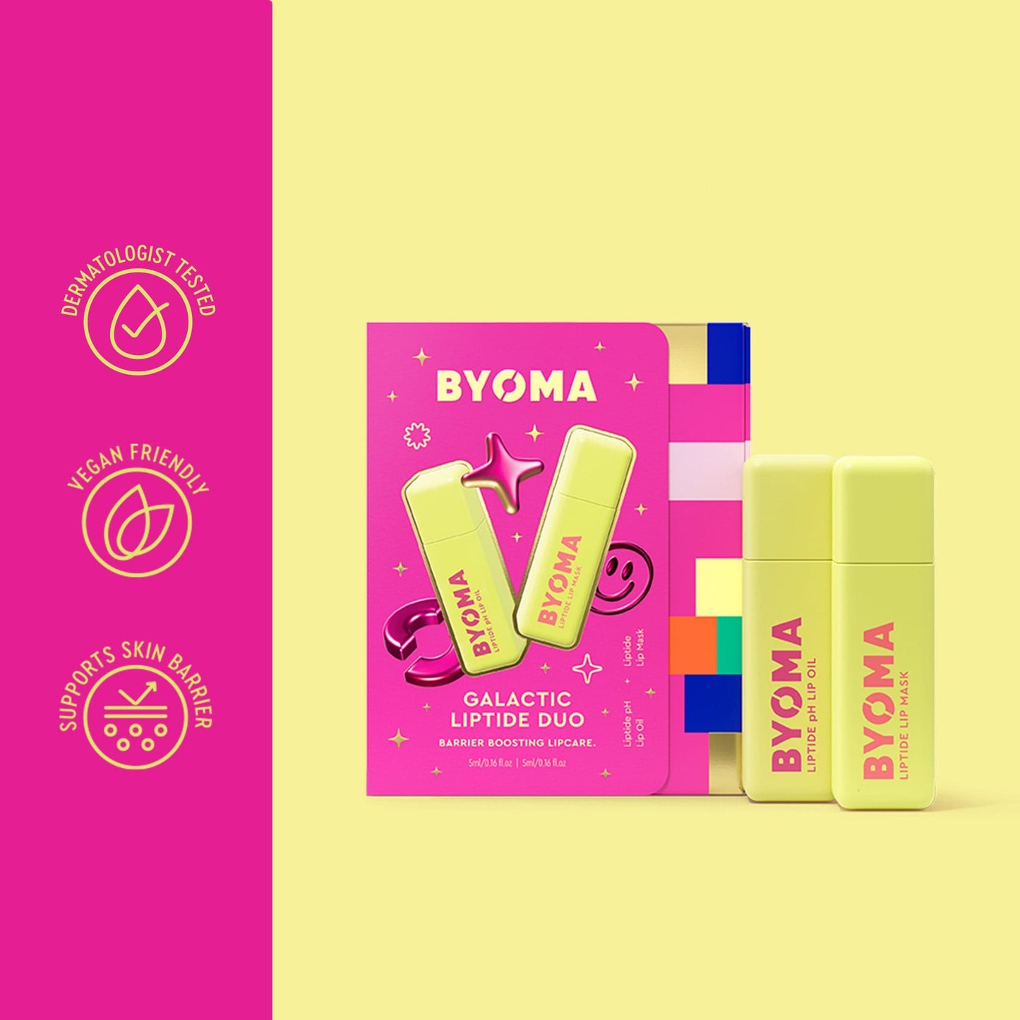 Split background: left side is hot pink with icons and text reading “Dermatologist Tested,” “Vegan Friendly,” and “Supports Skin Barrier.” Right side has a yellow background with the Galactic Liptide Duo package and two individual lime green BYOMA lip products standing upright — labeled “Liptide Lip Oil” and “Liptide Lip Mask.”