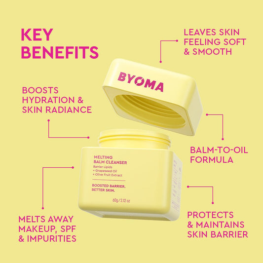 Yellow container of BYOMA cleansing balm with text highlighting key benefits on a yellow background