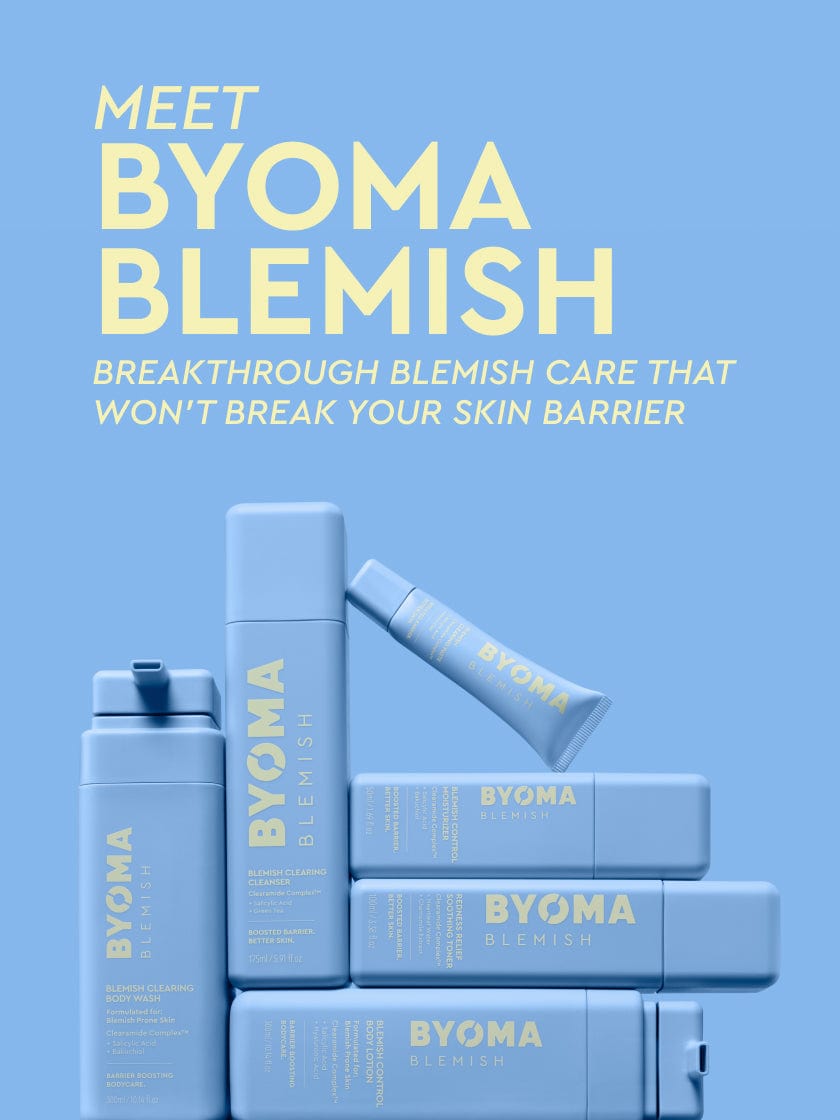 Blue skincare products with 'BYOMA' branding on a light blue background, featuring promotional text about blemish care.