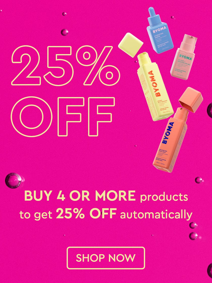 Pink poster of BYOMA products with message of 25% off on four or more products displayed.