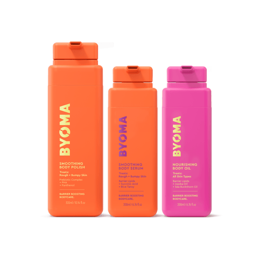Trio of SMOOTHING BODY POLISH, SMOOTHING BODY SERUM, and NOURISHING BODY OIL against a transparent background.