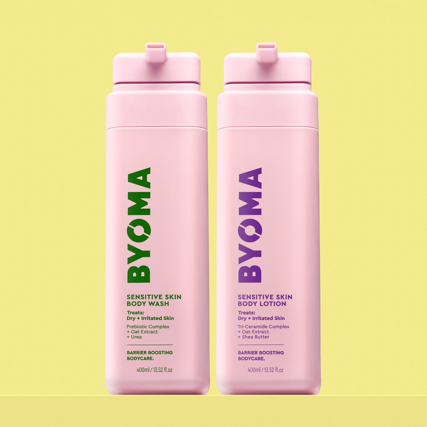BYOMA SENSITIVE SKIN BODY WASH and SENSITIVE SKIN BODY LOTION sitting together on a yellow background.