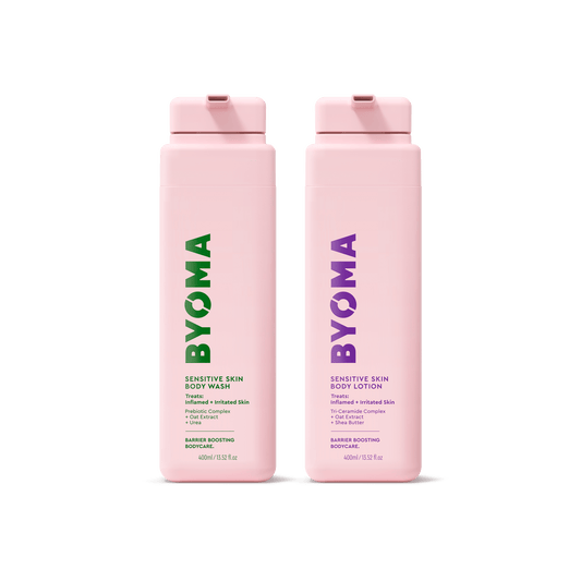 BYOMA SENSITIVE SKIN BODY WASH and SENSITIVE SKIN BODY LOTION sitting together.