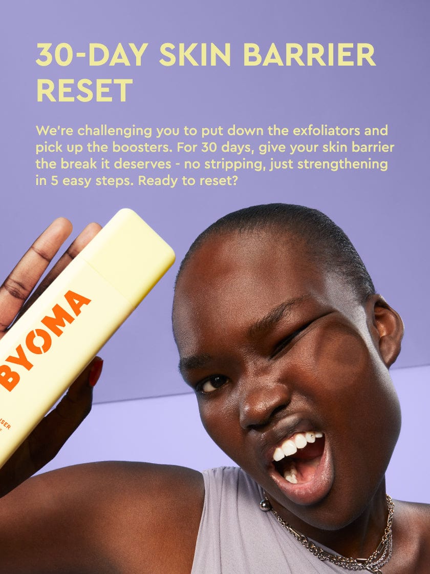 Person holding a BYOMA product with promotional text about a 30-day skin barrier reset on a purple background.