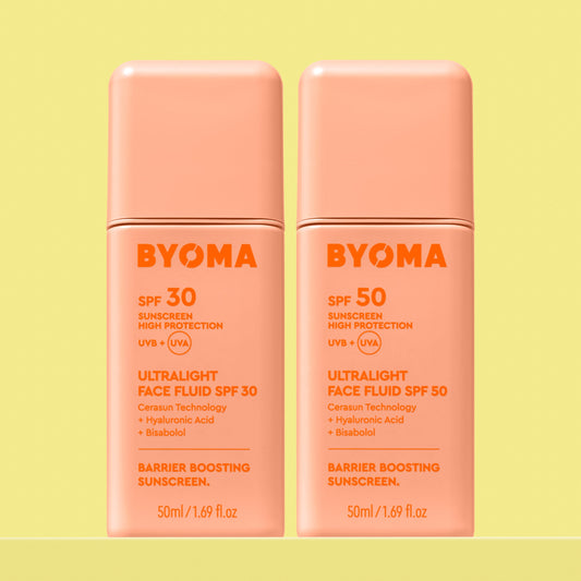 ULTRALIGHT FACIAL FLUID SPF 30 and SPF 50 bottles sitting together against a yellow background.