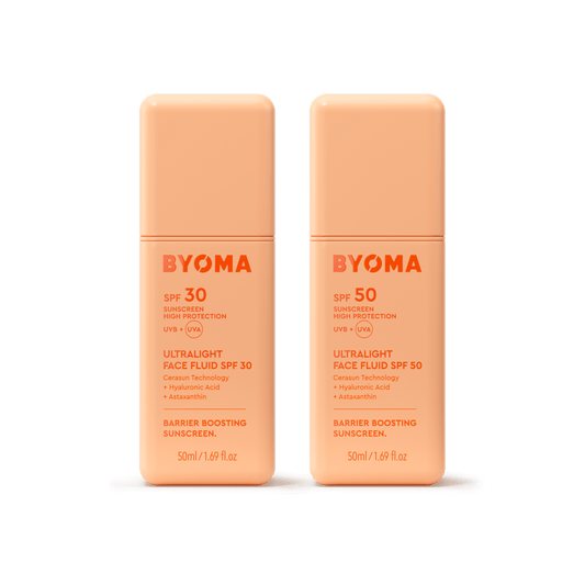 ULTRALIGHT FACIAL FLUID SPF 30 and SPF 50 bottles sitting together against.