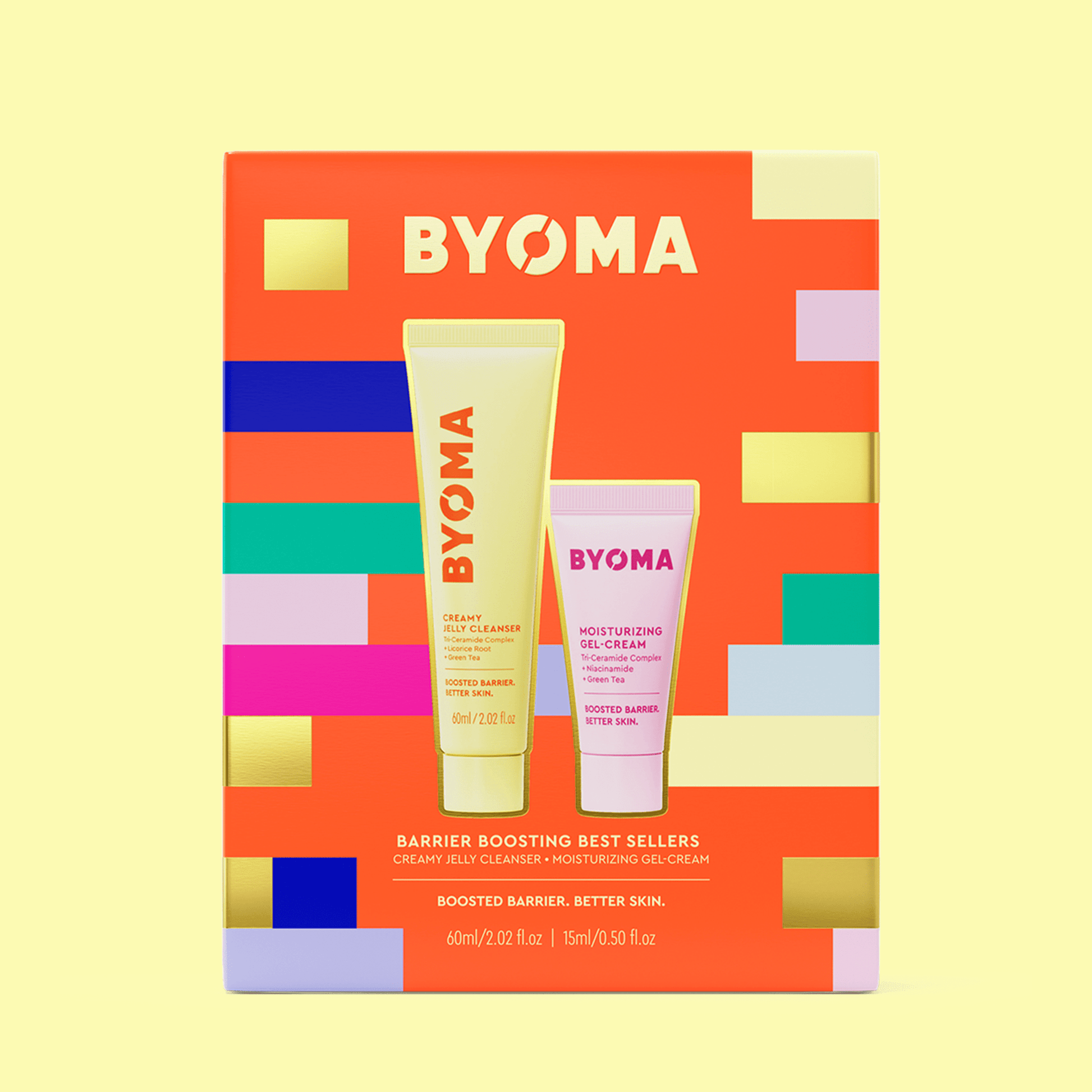 BYOMA Barrier Boosting Best Sellers gift set – Creamy Jelly Cleanser and Moisturizing Gel-Cream in bright festive box.