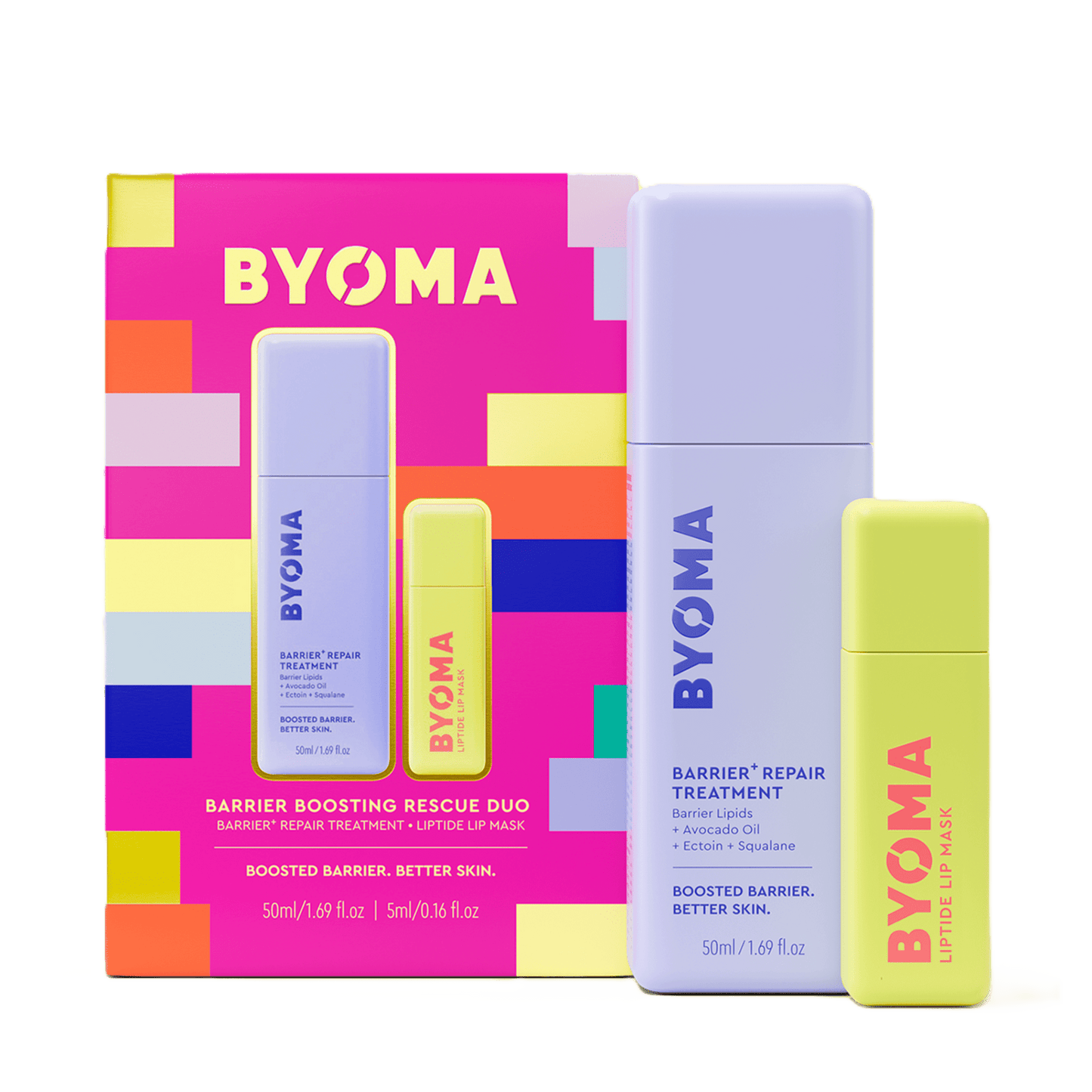 BYOMA Rescue Duo skincare set – Barrier Repair Treatment and Lipid Lip Mask displayed with festive box on transparent background
