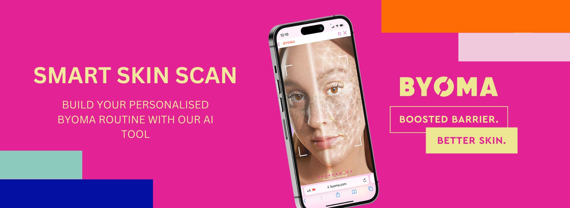 Pink poster with heading SMART SKIN SCAN and a mobile phone displaying a picture of a girl. Poster of the BYOMA AI tool.