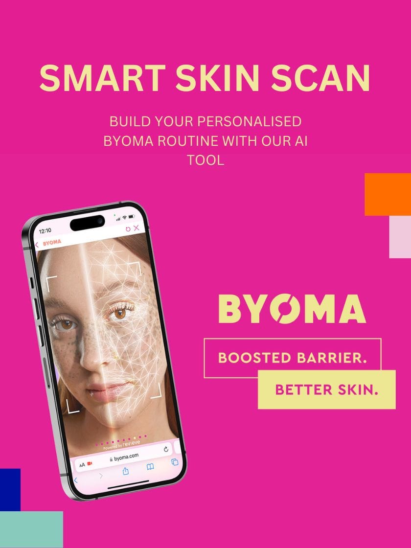 Pink poster with heading SMART SKIN SCAN and a mobile phone displaying a picture of a girl. Poster of the BYOMA AI tool.