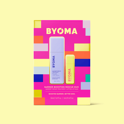BYOMA Barrier Boosting Rescue Duo – gift box with Barrier Repair Treatment and Lipid Lip Mask on yellow background