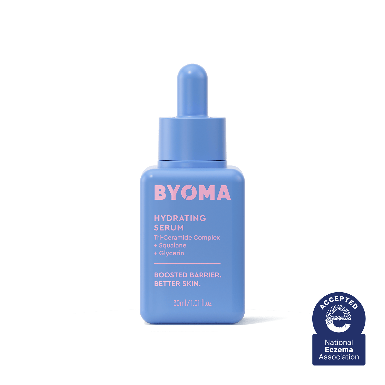 BYOMA HYDRATING SERUM against a white background with the text "Accepted National Eczema Association"