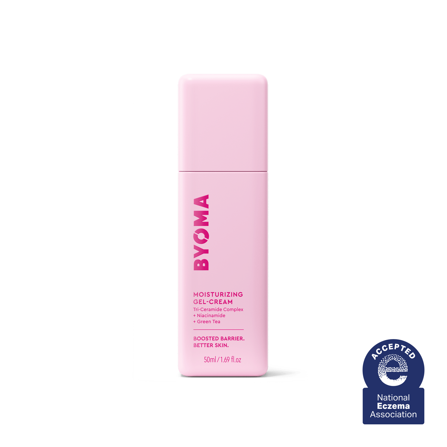 BYOMA MOISTURIZING GEL-CREAM against a white background and the text, "Accepted National Eczema Association"