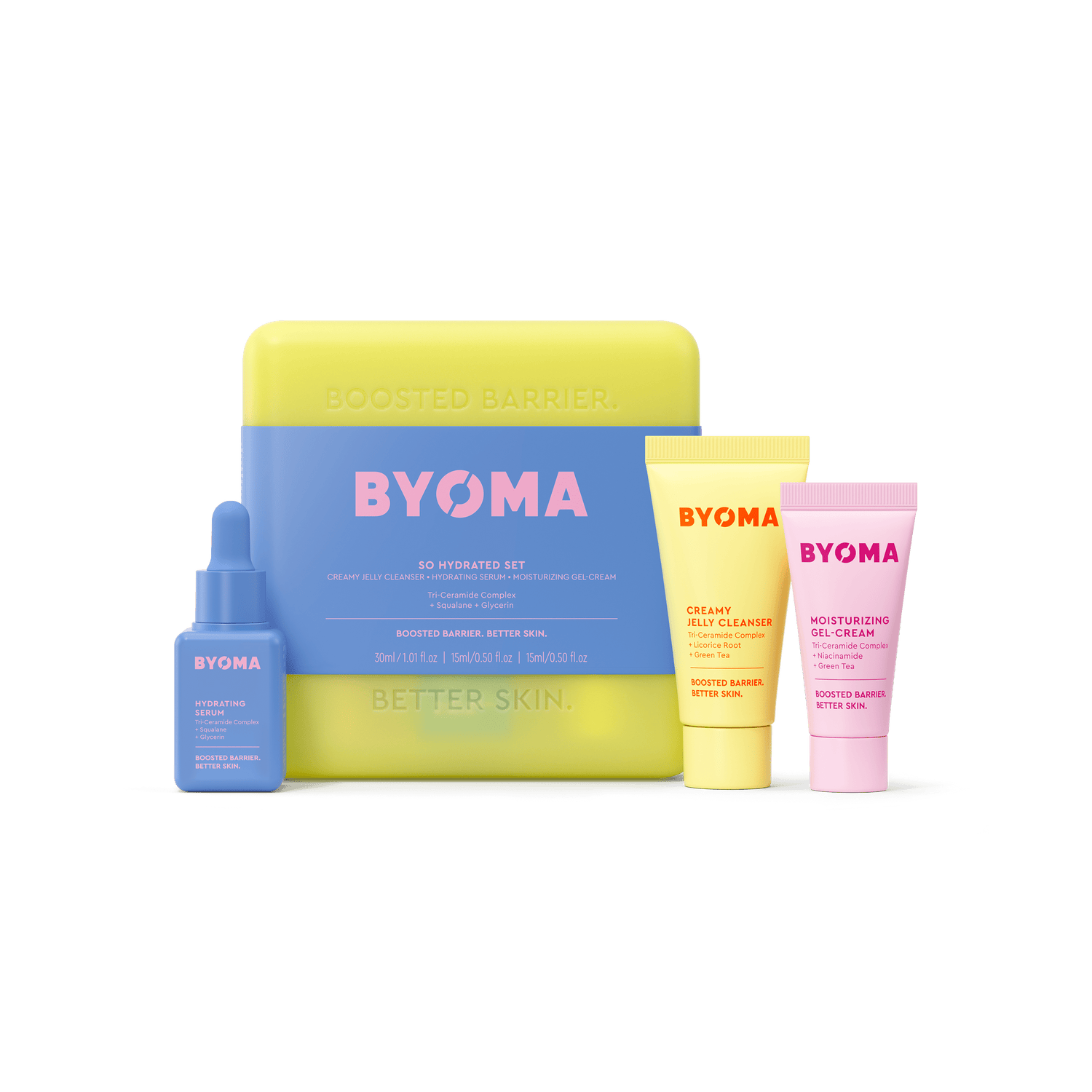 BYOMA SO HYDRATED SET kit with CREAMY JELLY CLEANSER, MOISTURIZING GEL-CREAM and HYDRATING SERUM.