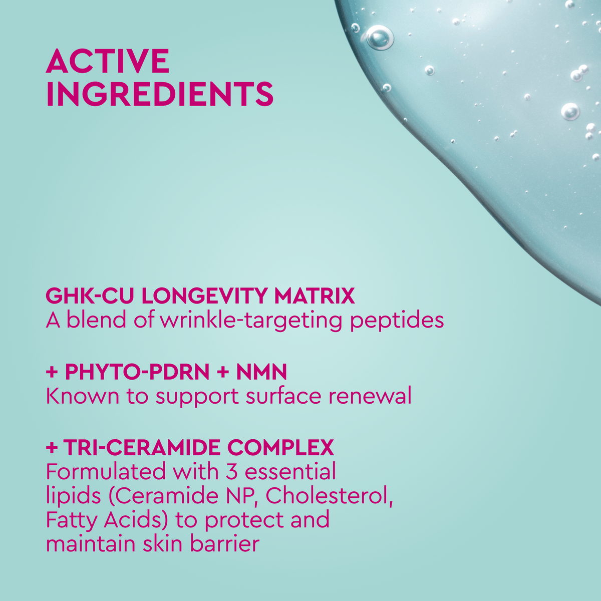 A light aqua graphic with pink text detailing the active ingredients of a skincare product, including GHK-CU Longevity Matrix, Phyto-PDRN + NMN, and Tri-Ceramide Complex, with a translucent water droplet in the top right corner.