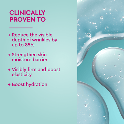 A promotional skincare graphic with text on the left reading 'CLINICALLY PROVEN TO' followed by four benefit statements, paired with a close-up of translucent blue gel droplets on a pale aqua background.