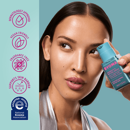 A woman holding a blue BYOMA Longevit-8 Peptide Serum bottle against a teal background, with pink circular badges on the left reading Dermatologist Approved, Vegan Friendly, Fragrance Free, and Supports Skin Barrier, plus an accepted-accreditation badge.