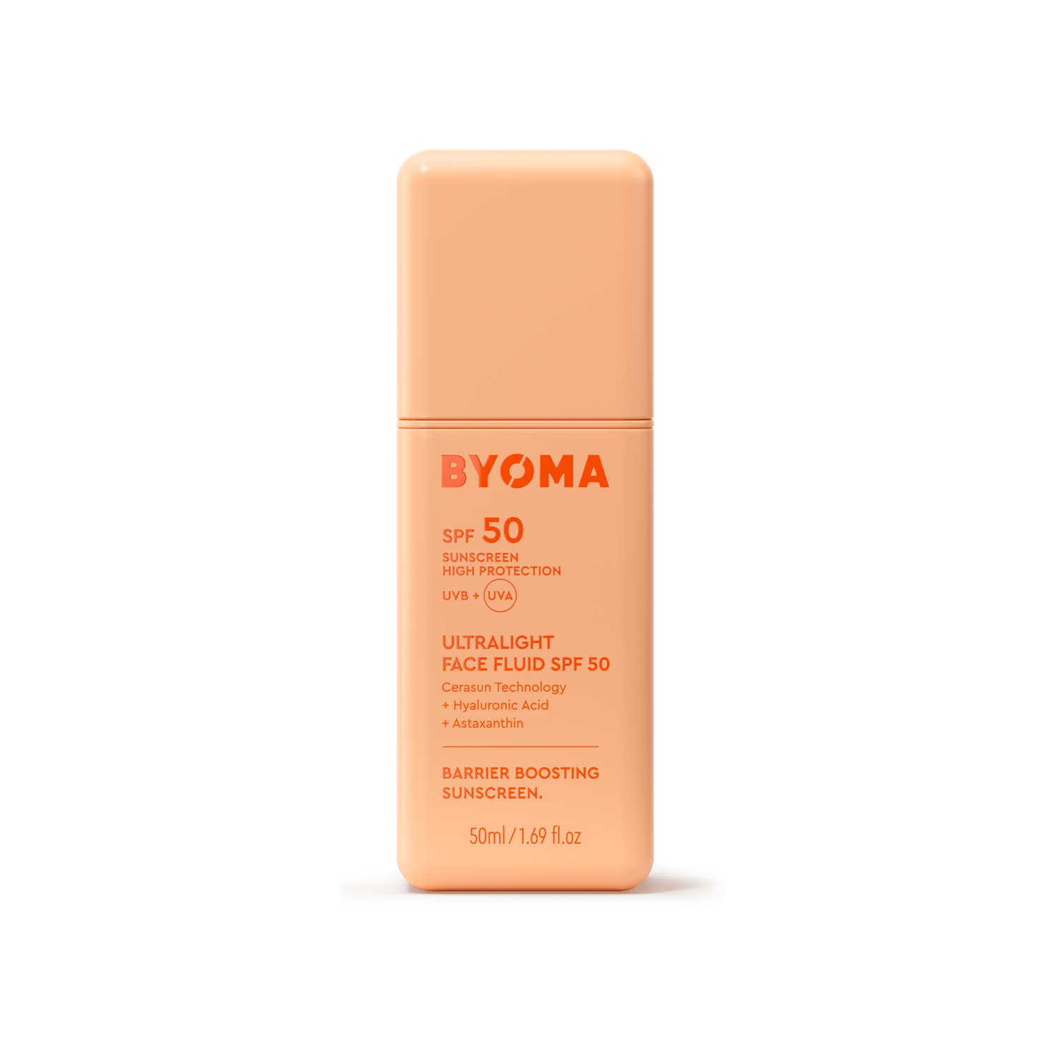 BYOMA SPF 50 sunscreen bottle on a green background