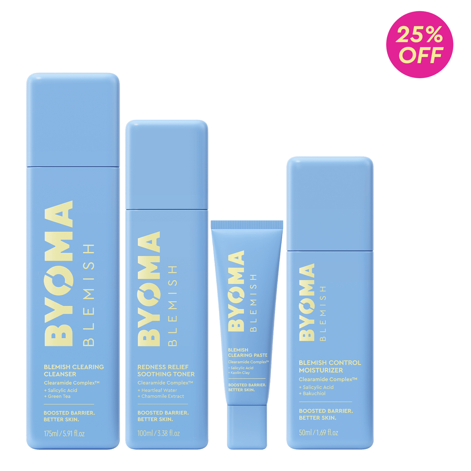Set of BYOMA skincare products on a green background with a 25% off badge.