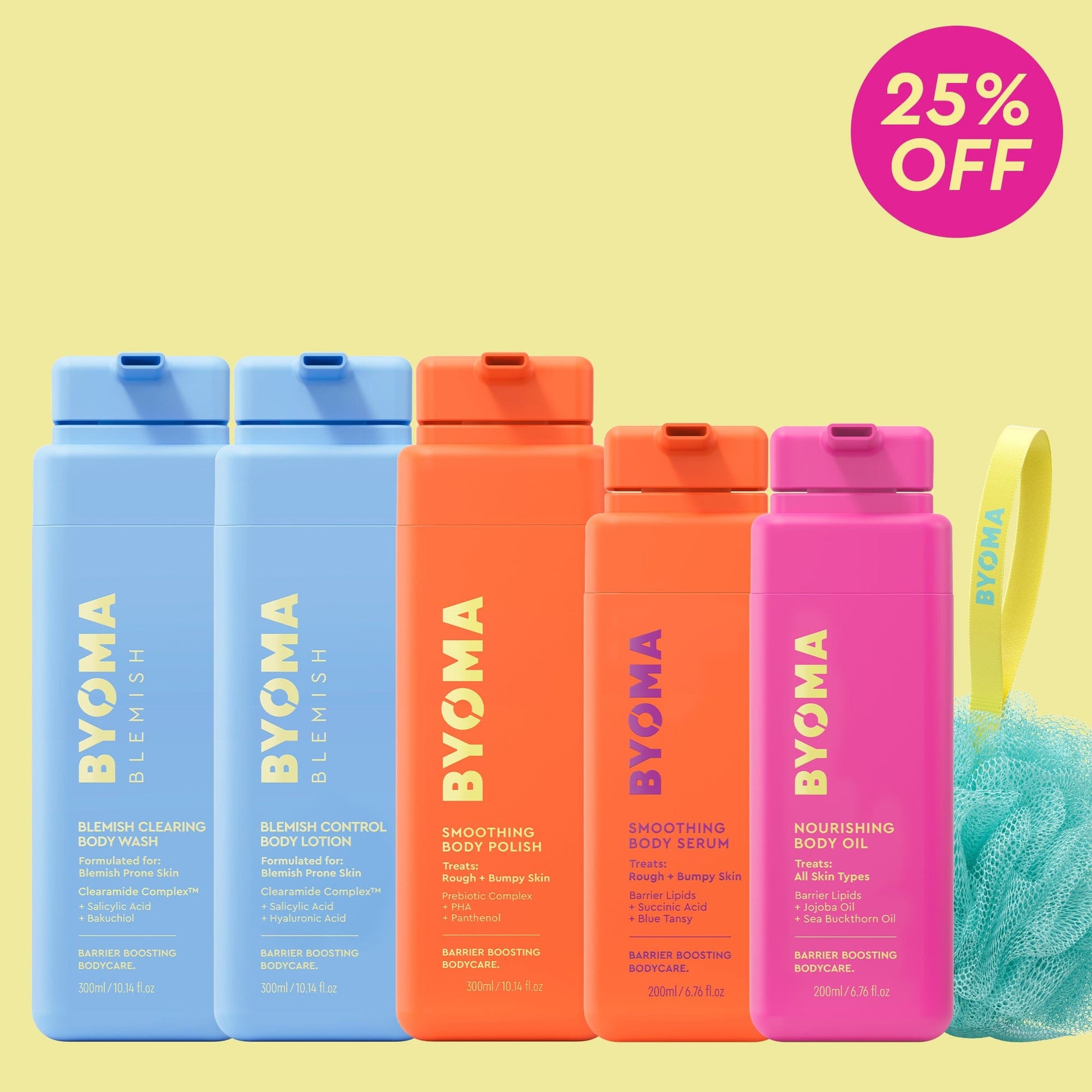 Set of BYOMA skincare products with colorful bottles on a yellow background