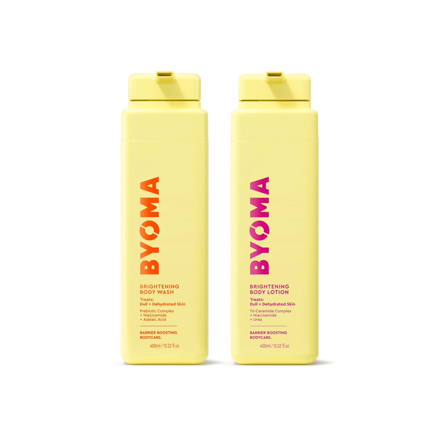 BRIGHTENING BODY WASH and BRIGHTENING BODY LOTION bottles sitting together.