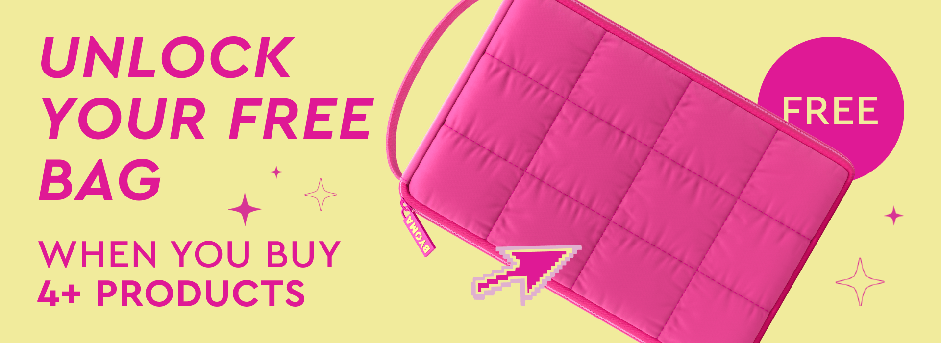 Promotional graphic for a free bag offer with a pink pouch on a yellow background