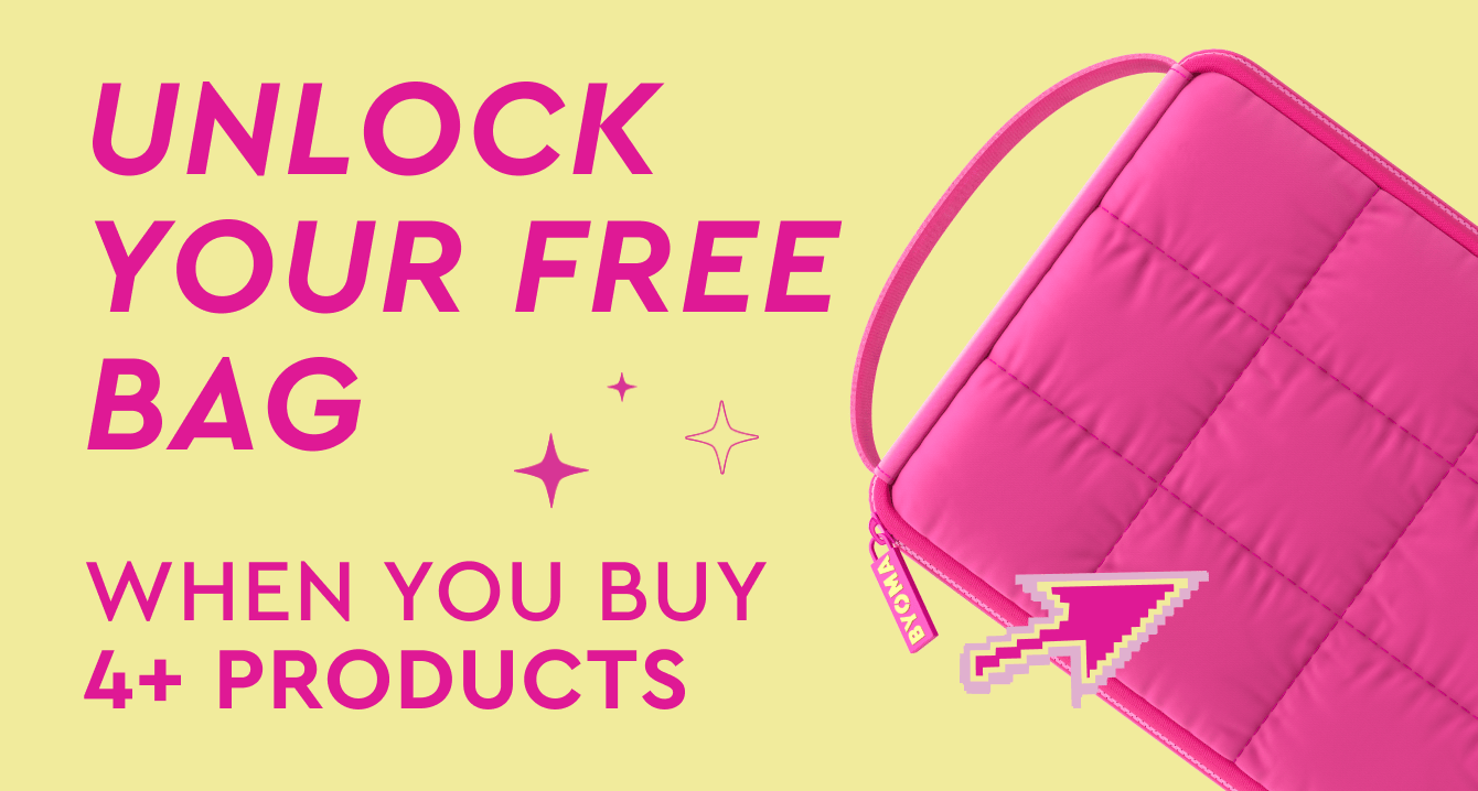 Promotional graphic for a free bag offer with a pink pouch on a yellow background